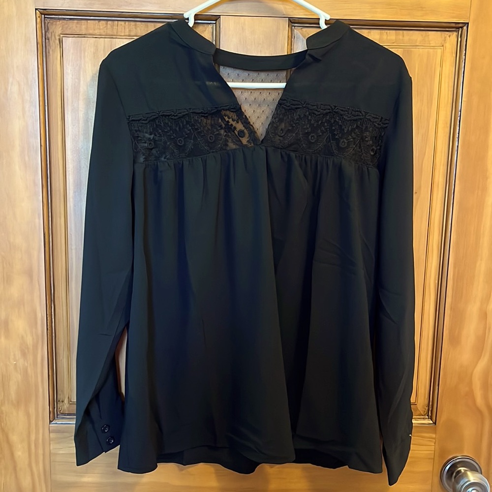 Vera black chiffon blouse. Beautiful lace above bust and on back. Size Small